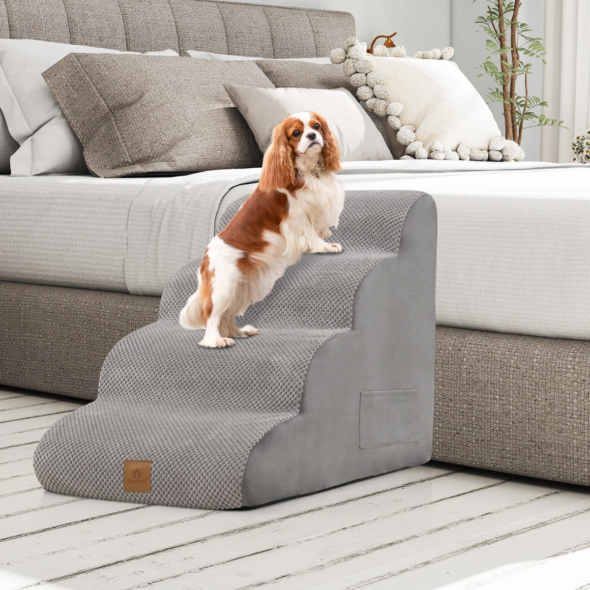 4-Tier Foam Dog Ramp with Washable Zippered Cover and Silicone Paw Prints-Grey