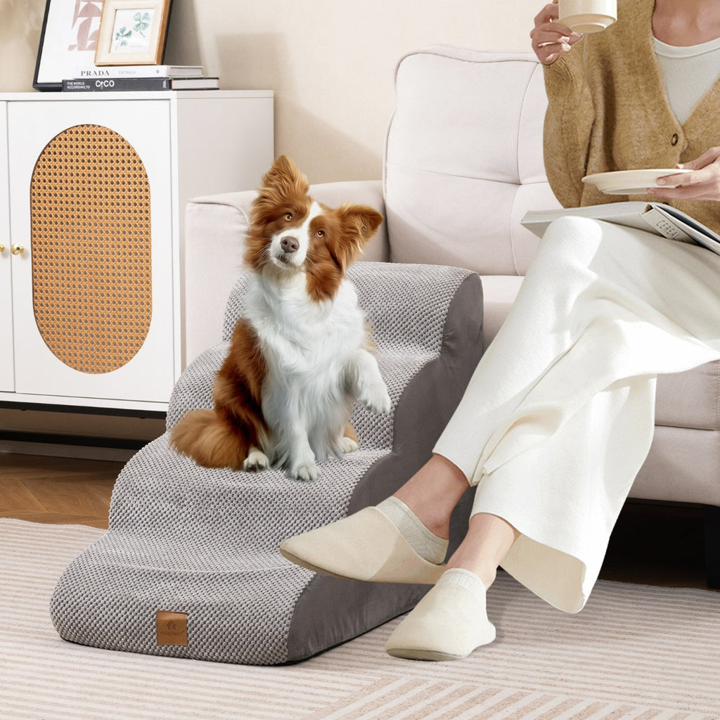 4-Tier Foam Dog Ramp with Washable Zippered Cover and Silicone Paw Prints-Grey