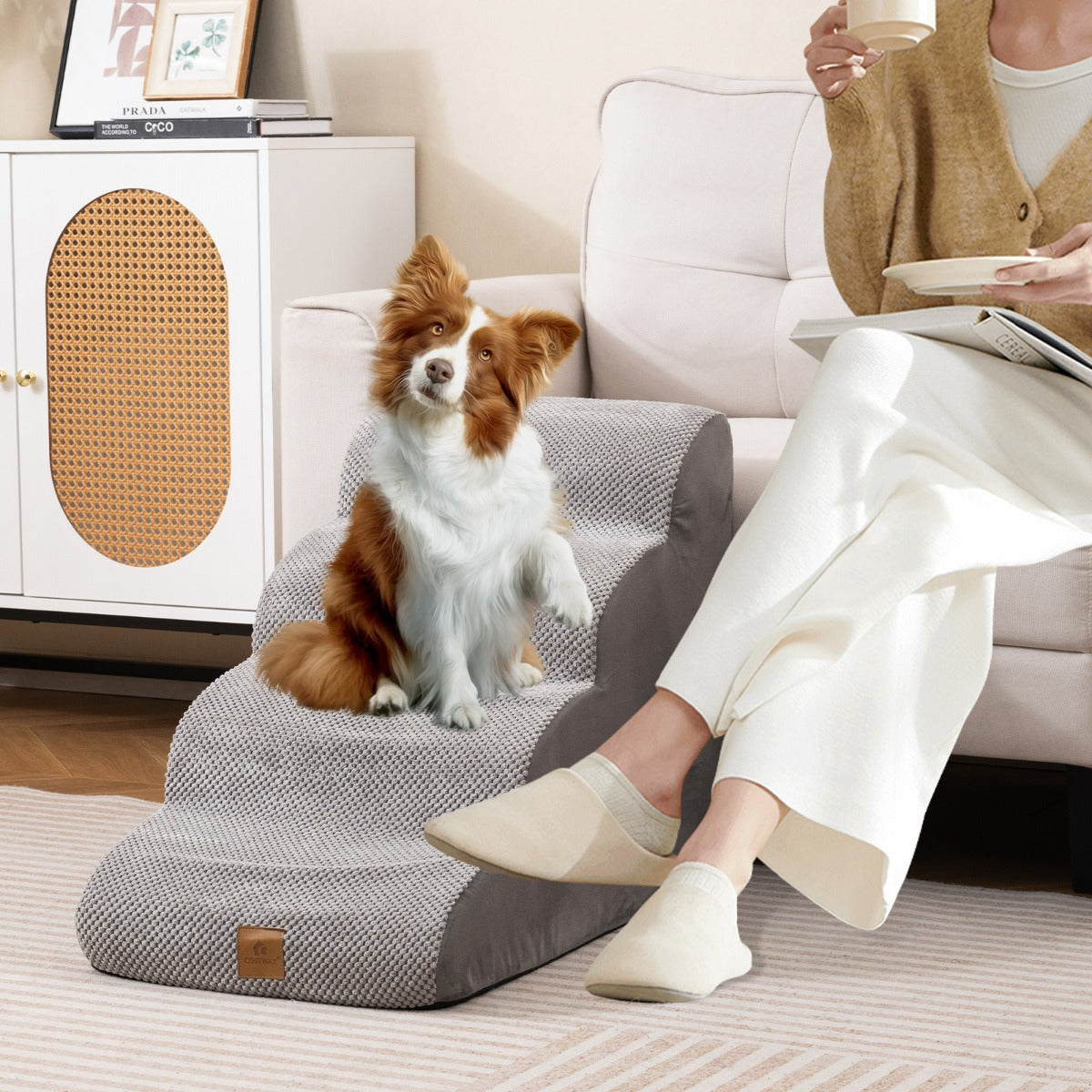 4-Tier Foam Dog Ramp with Washable Zippered Cover and Silicone Paw Prints-Grey