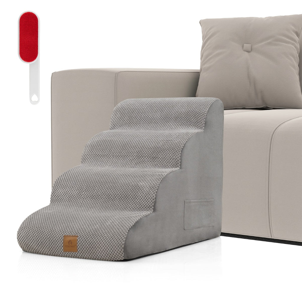 4-Tier Foam Dog Ramp with Washable Zippered Cover and Silicone Paw Prints-Grey