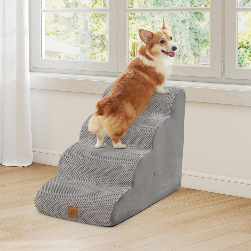 4-Tier Foam Dog Ramp with Washable Zippered Cover and Silicone Paw Prints-Grey