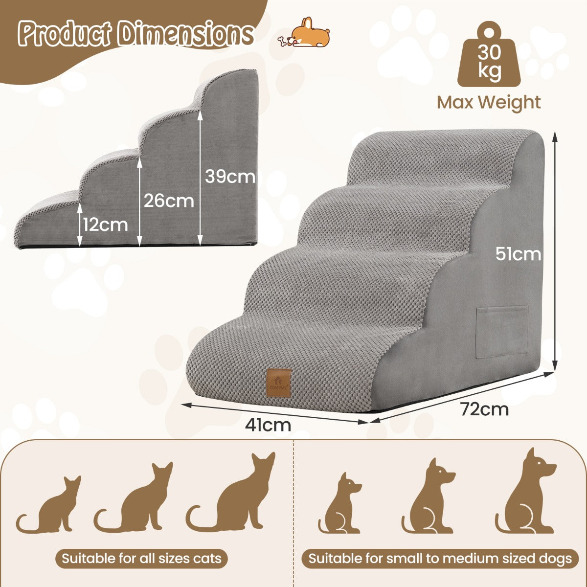 4-Tier Foam Dog Ramp with Washable Zippered Cover and Silicone Paw Prints-Grey