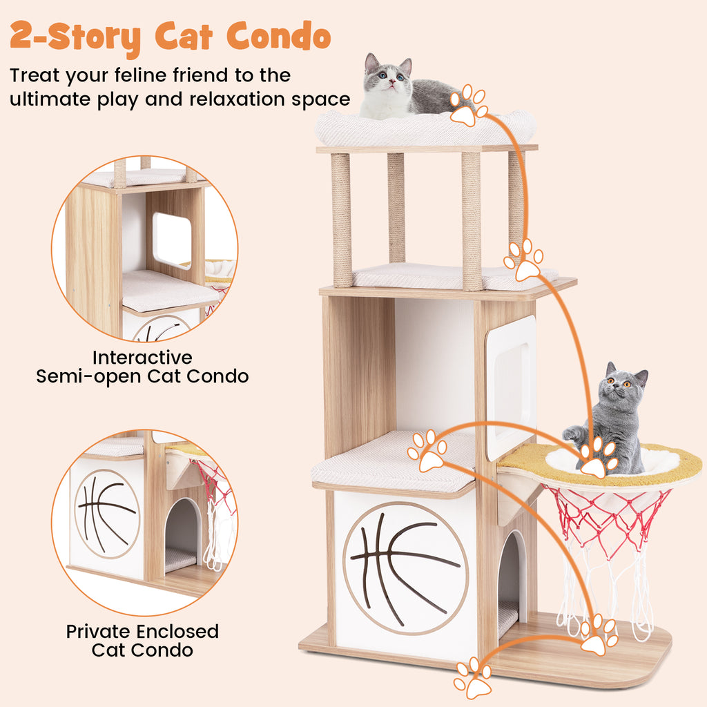 5-Layer Sports-Themed Cat Tower with 2 Cat Condos and Basketball Hoop Hammock-Natural