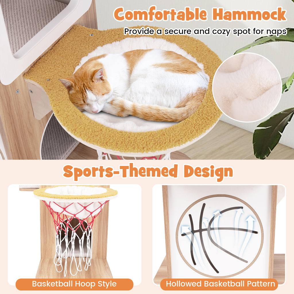 5-Layer Sports-Themed Cat Tower with 2 Cat Condos and Basketball Hoop Hammock-Natural