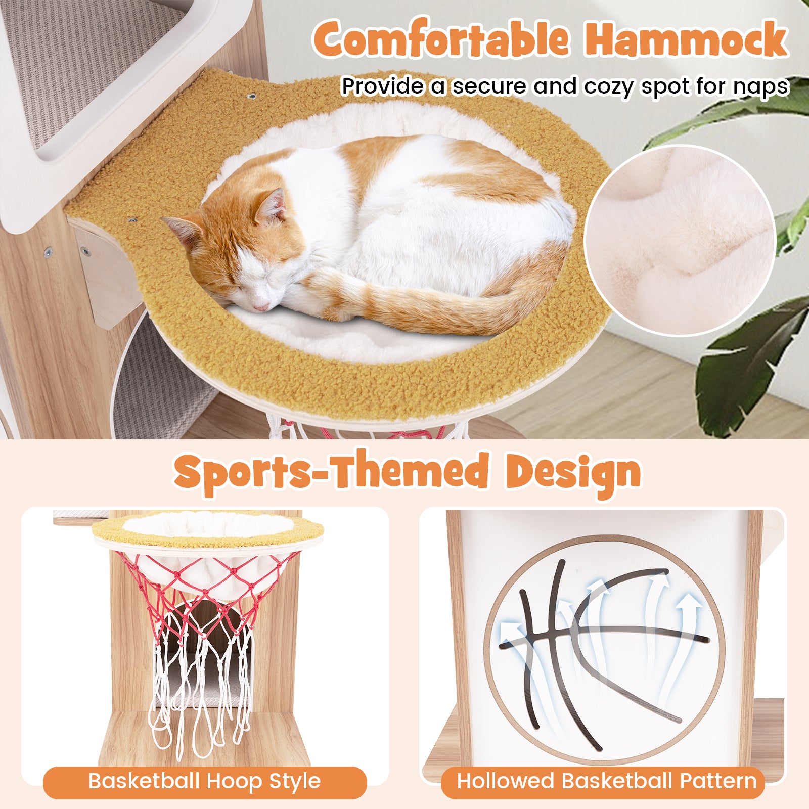 5-Layer Sports-Themed Cat Tower with 2 Cat Condos and Basketball Hoop Hammock-Natural