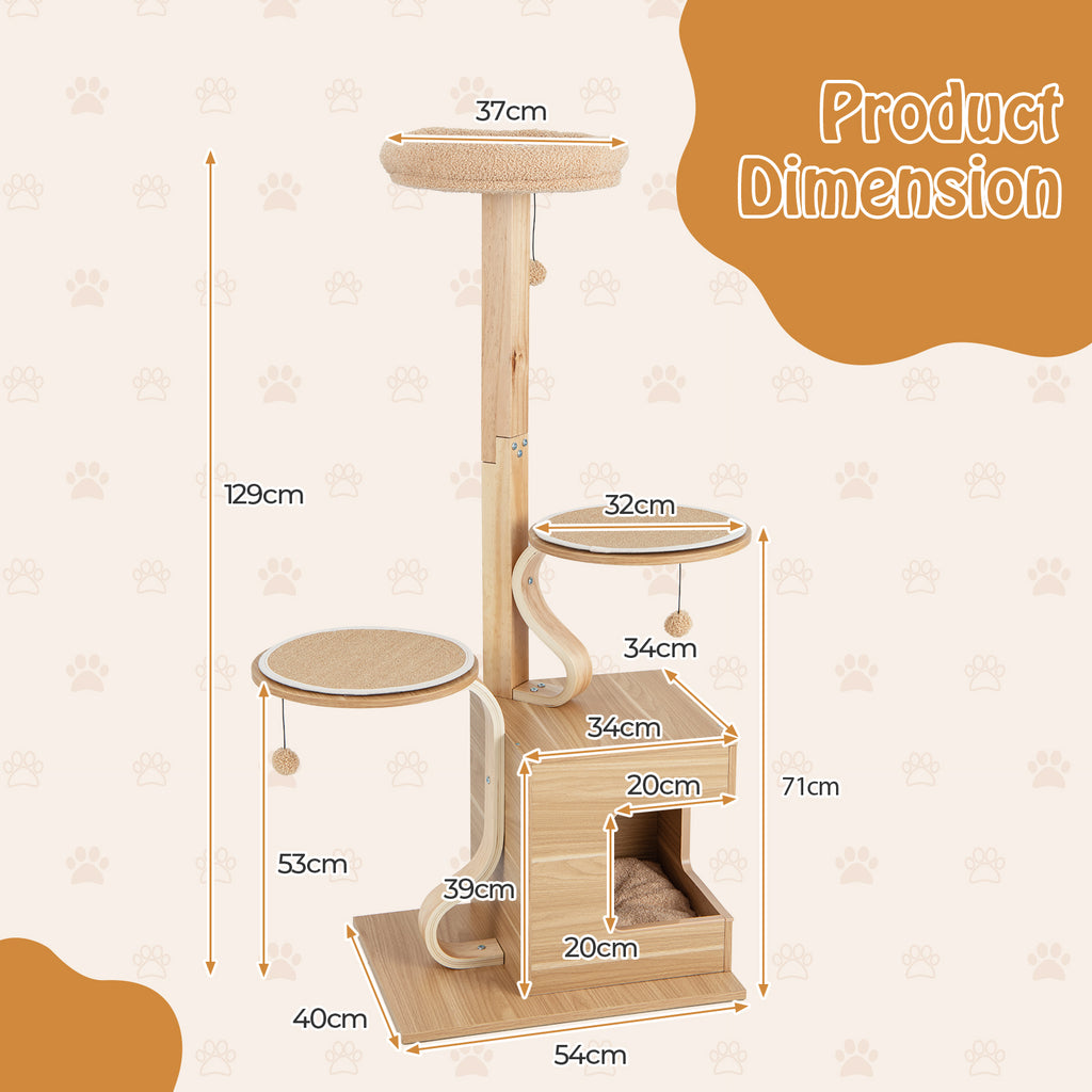 51 inches Wooden Cat Tree with Solid Wood Post and  Curved Plywood Frame-Natural