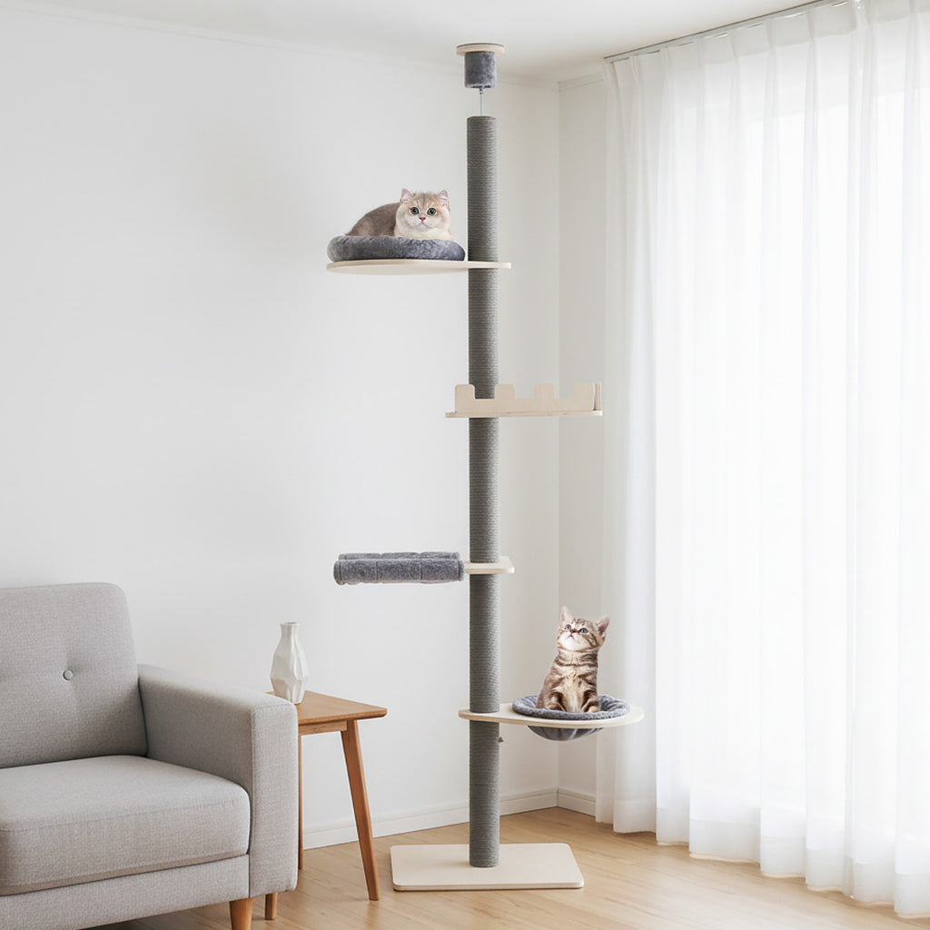 236-271 cm Height Adjustable 5-tier Floor to Ceiling Cat Tree -Grey