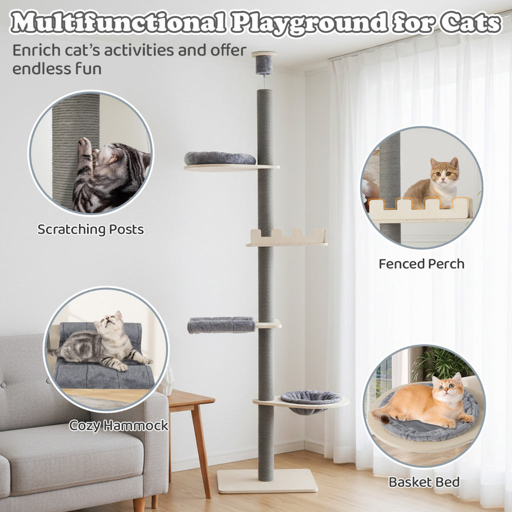 236-271 cm Height Adjustable 5-tier Floor to Ceiling Cat Tree -Grey