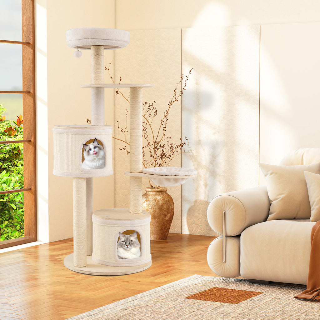 6-level Wooden cat tree with cat condo and sisal scratching posts  for indoor-Natural