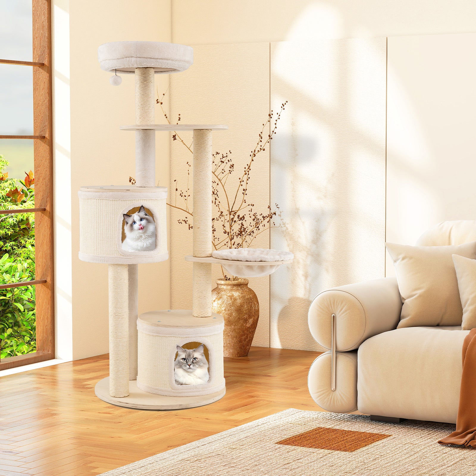 6-level Wooden cat tree with cat condo and sisal scratching posts  for indoor-Natural