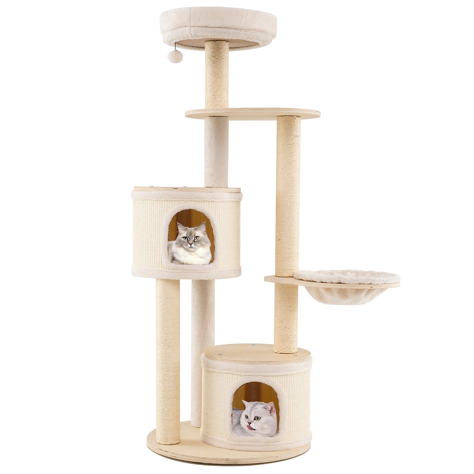 6-level Wooden cat tree with cat condo and sisal scratching posts  for indoor-Natural