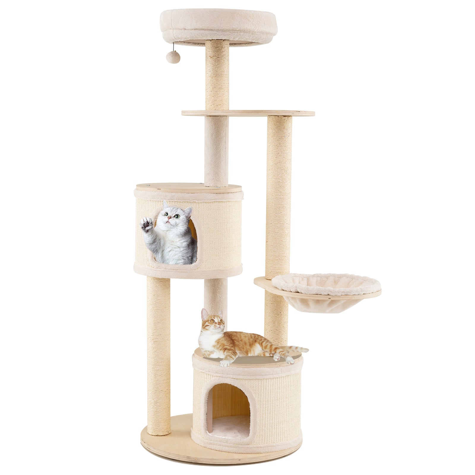 6-level Wooden cat tree with cat condo and sisal scratching posts  for indoor-Natural