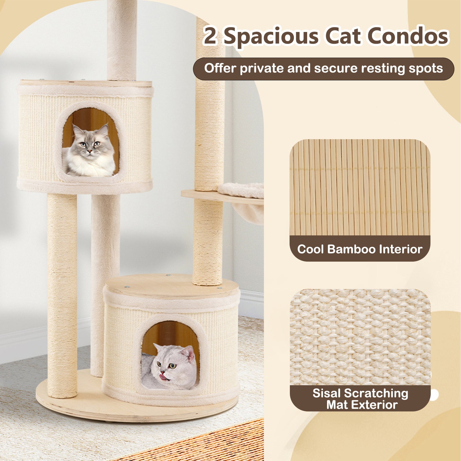 6-level Wooden cat tree with cat condo and sisal scratching posts  for indoor-Natural