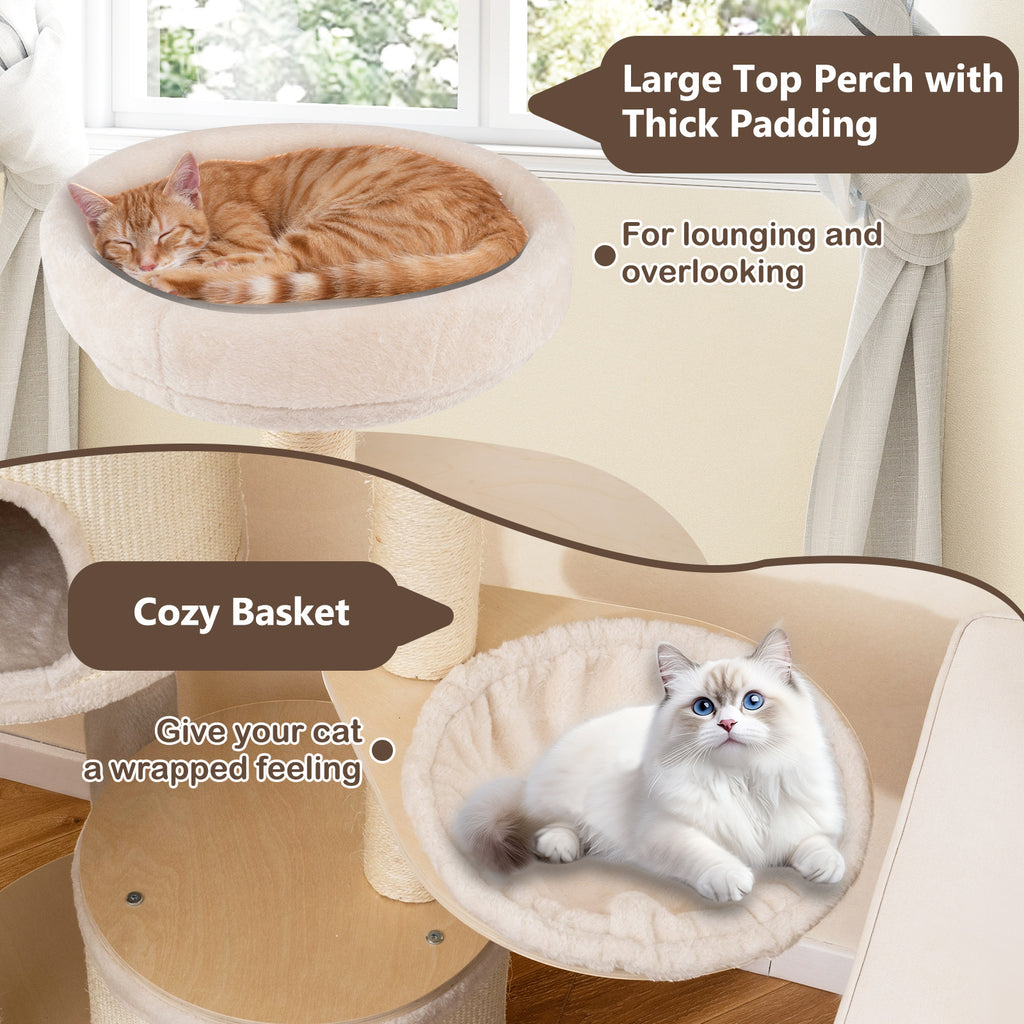 6-level Wooden cat tree with cat condo and sisal scratching posts  for indoor-Natural