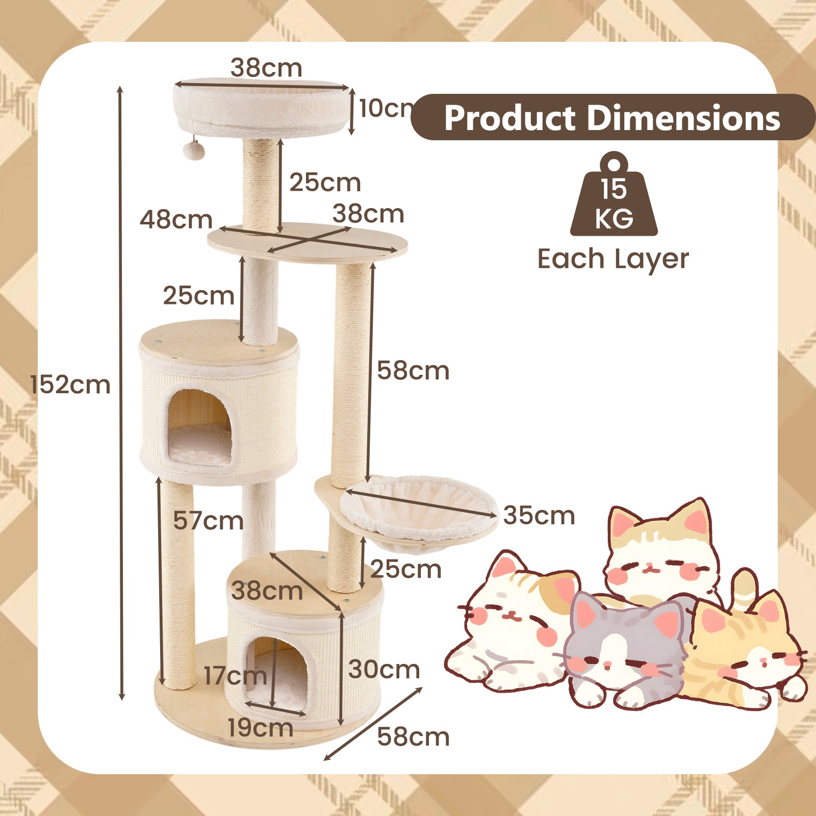 6-level Wooden cat tree with cat condo and sisal scratching posts  for indoor-Natural