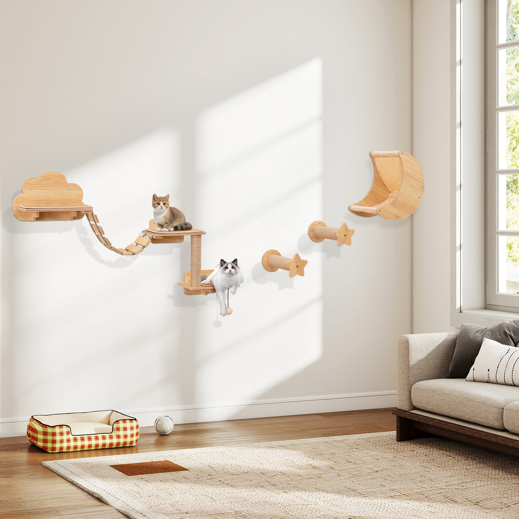 6 Pieces Cat Wall Furniture Set with Hammock and 2-step Cat Tree-Beige