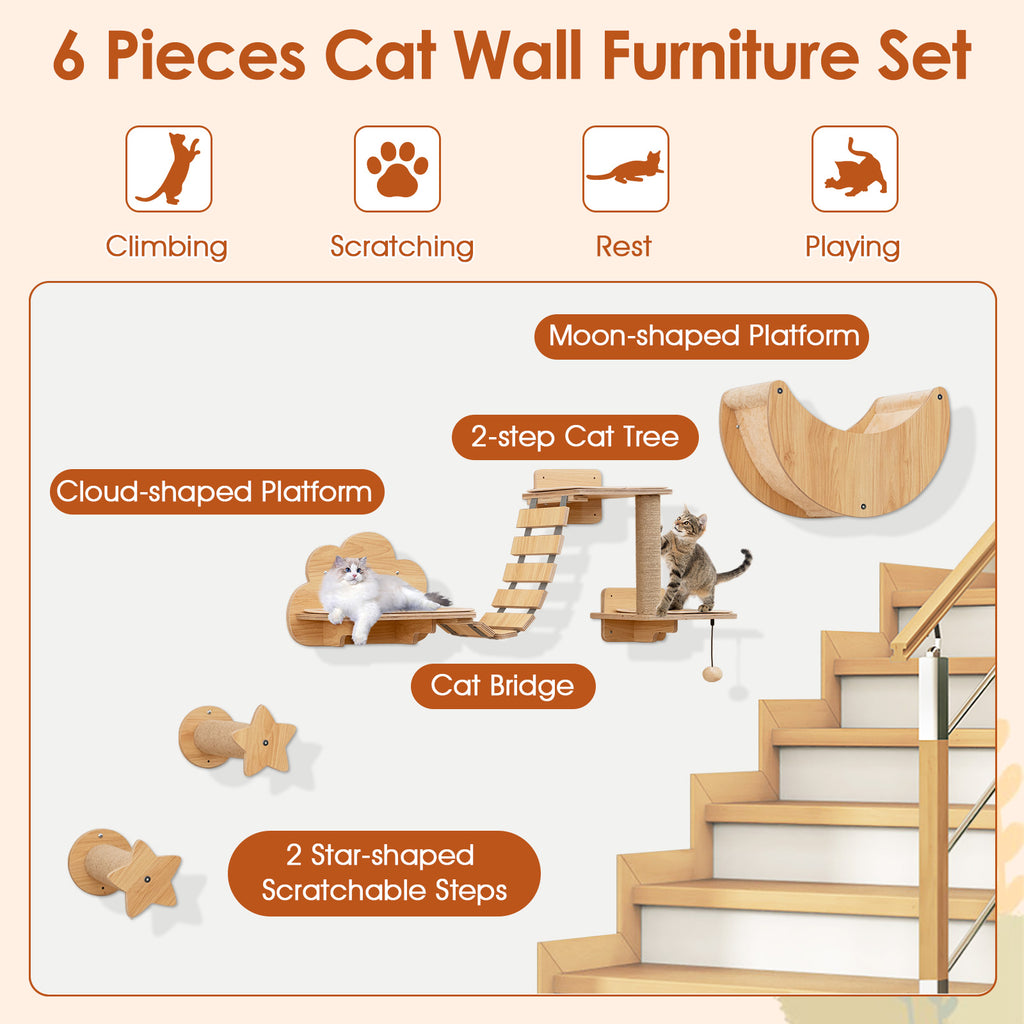 6 Pieces Cat Wall Furniture Set with Hammock and 2-step Cat Tree-Beige