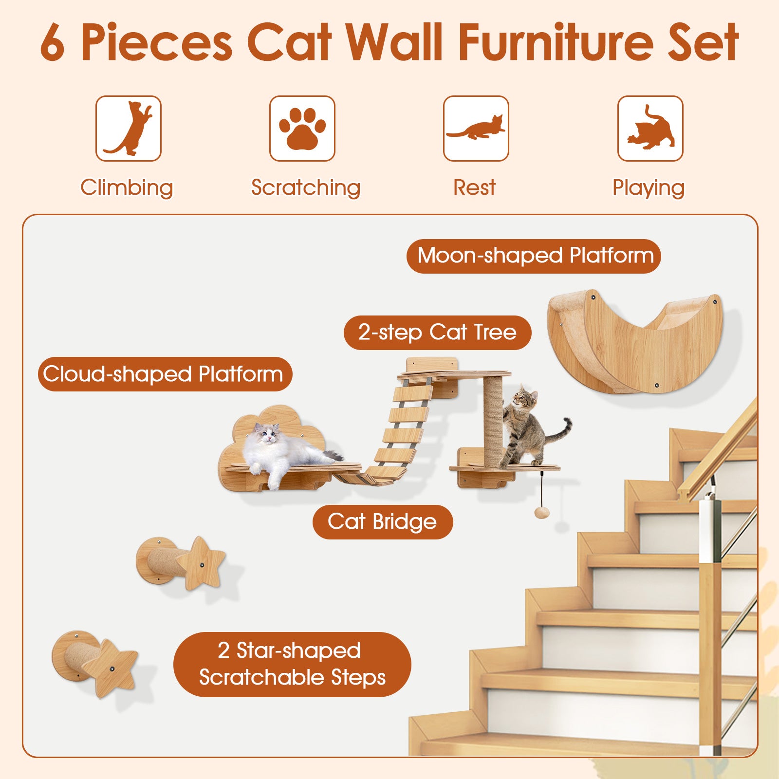 6 Pieces Cat Wall Furniture Set with Hammock and 2-step Cat Tree-Beige