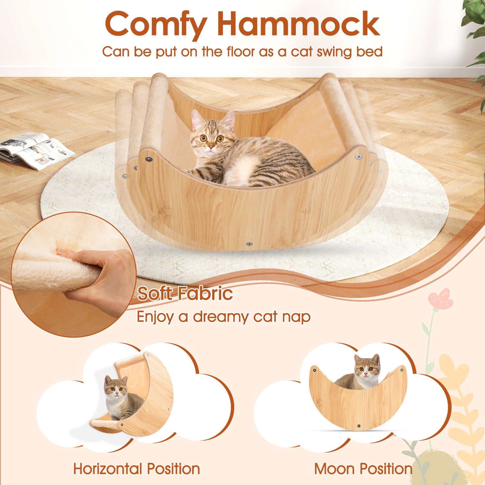 6 Pieces Cat Wall Furniture Set with Hammock and 2-step Cat Tree-Beige