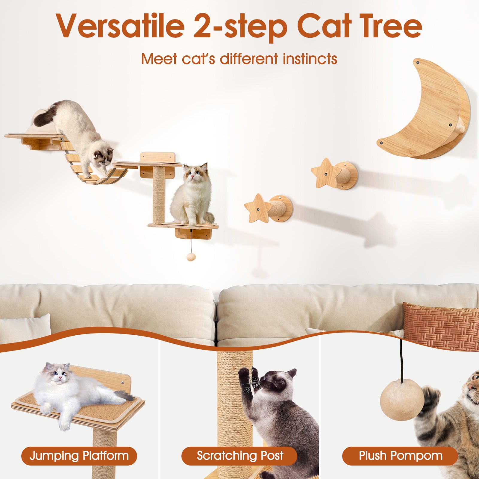 6 Pieces Cat Wall Furniture Set with Hammock and 2-step Cat Tree-Beige
