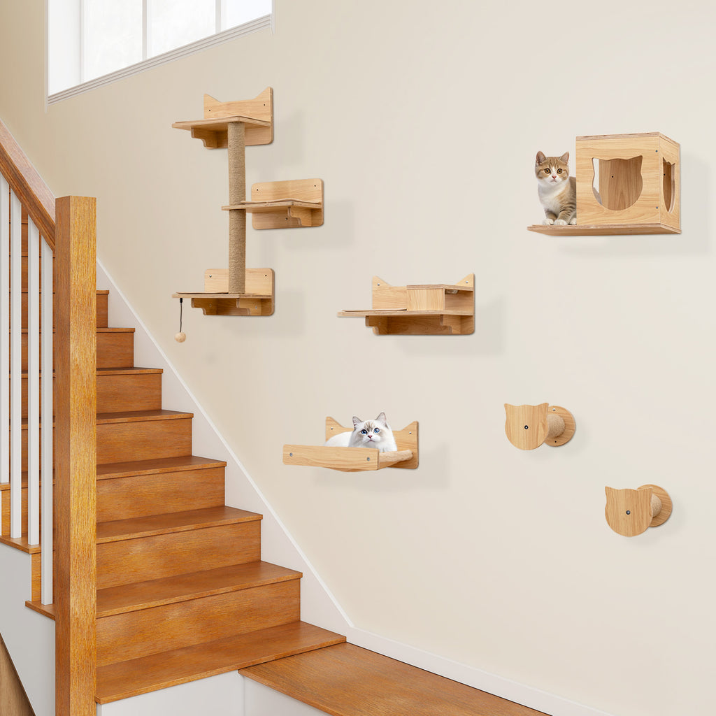 6 Pieces Cat Wall Furniture Set with Food Water Bowl and 3-step Cat Tree-Natural