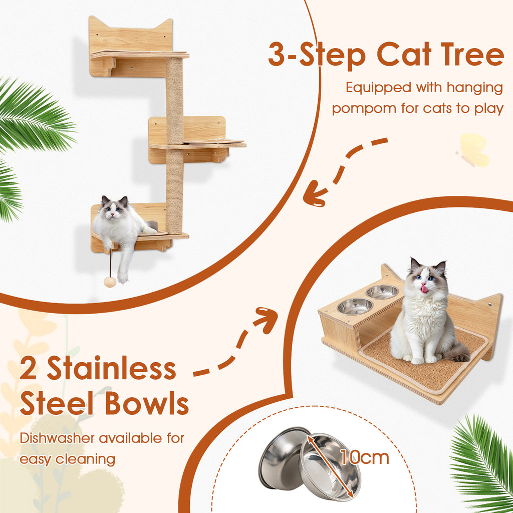 6 Pieces Cat Wall Furniture Set with Food Water Bowl and 3-step Cat Tree-Natural