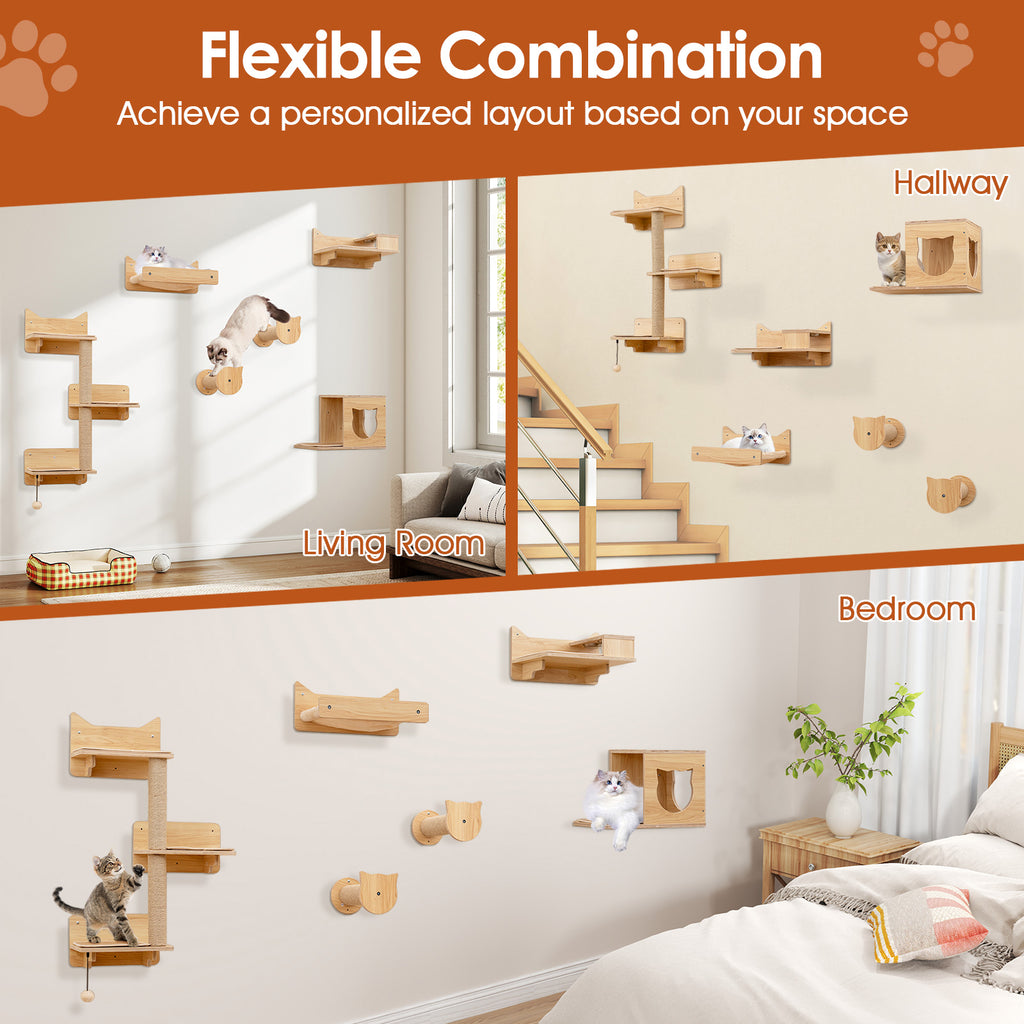 6 Pieces Cat Wall Furniture Set with Food Water Bowl and 3-step Cat Tree-Natural