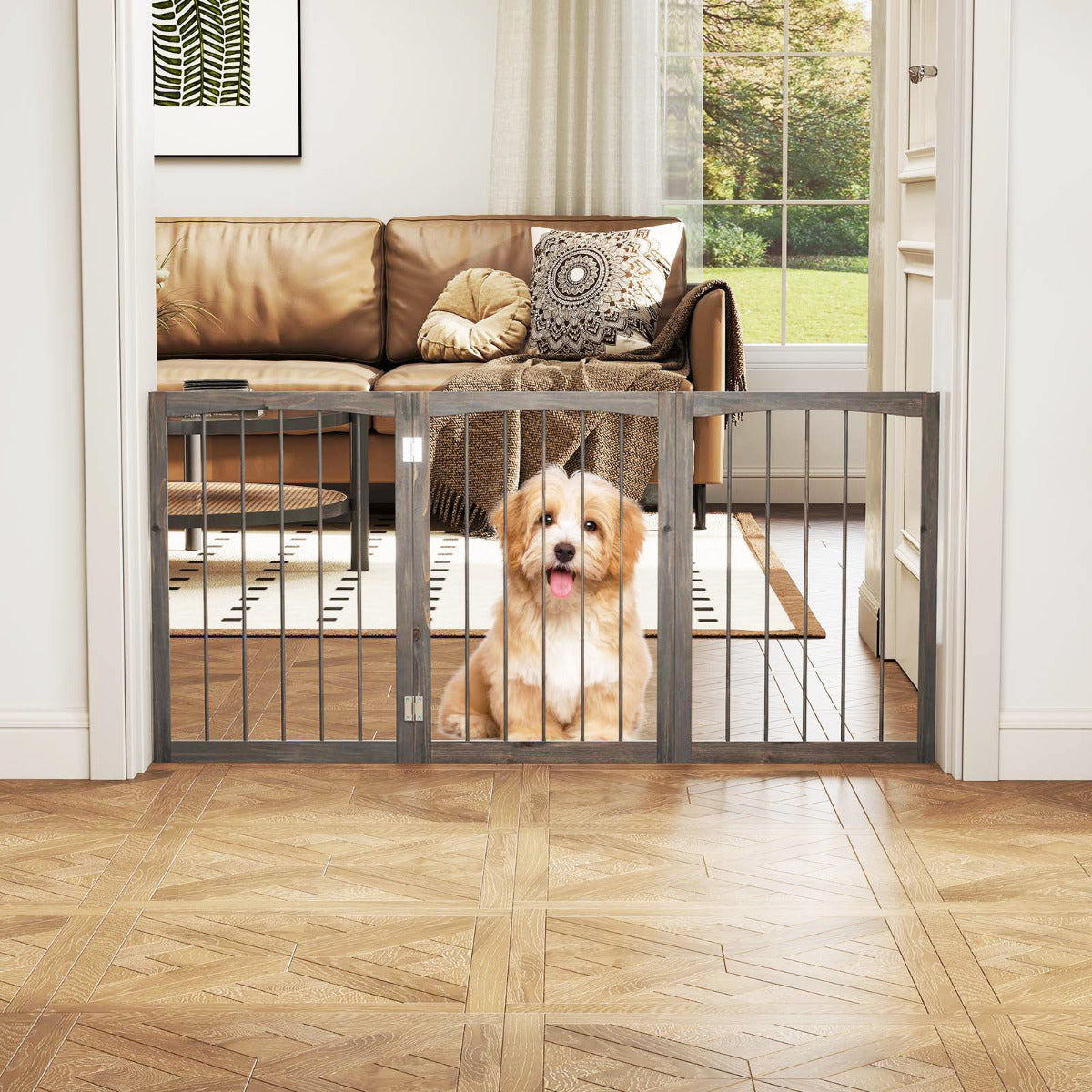 76 CM Tall Pet Gate Wooden Dog Fence 3-Panel Room Divider Barrier-Grey