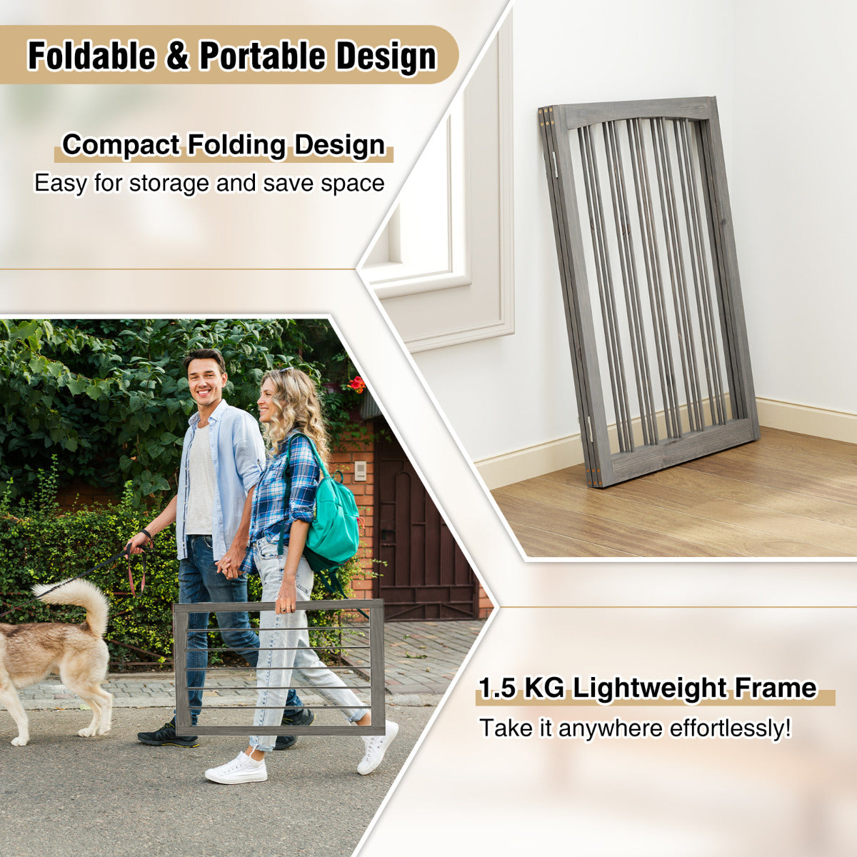 76 CM Tall Pet Gate Wooden Dog Fence 3-Panel Room Divider Barrier-Grey