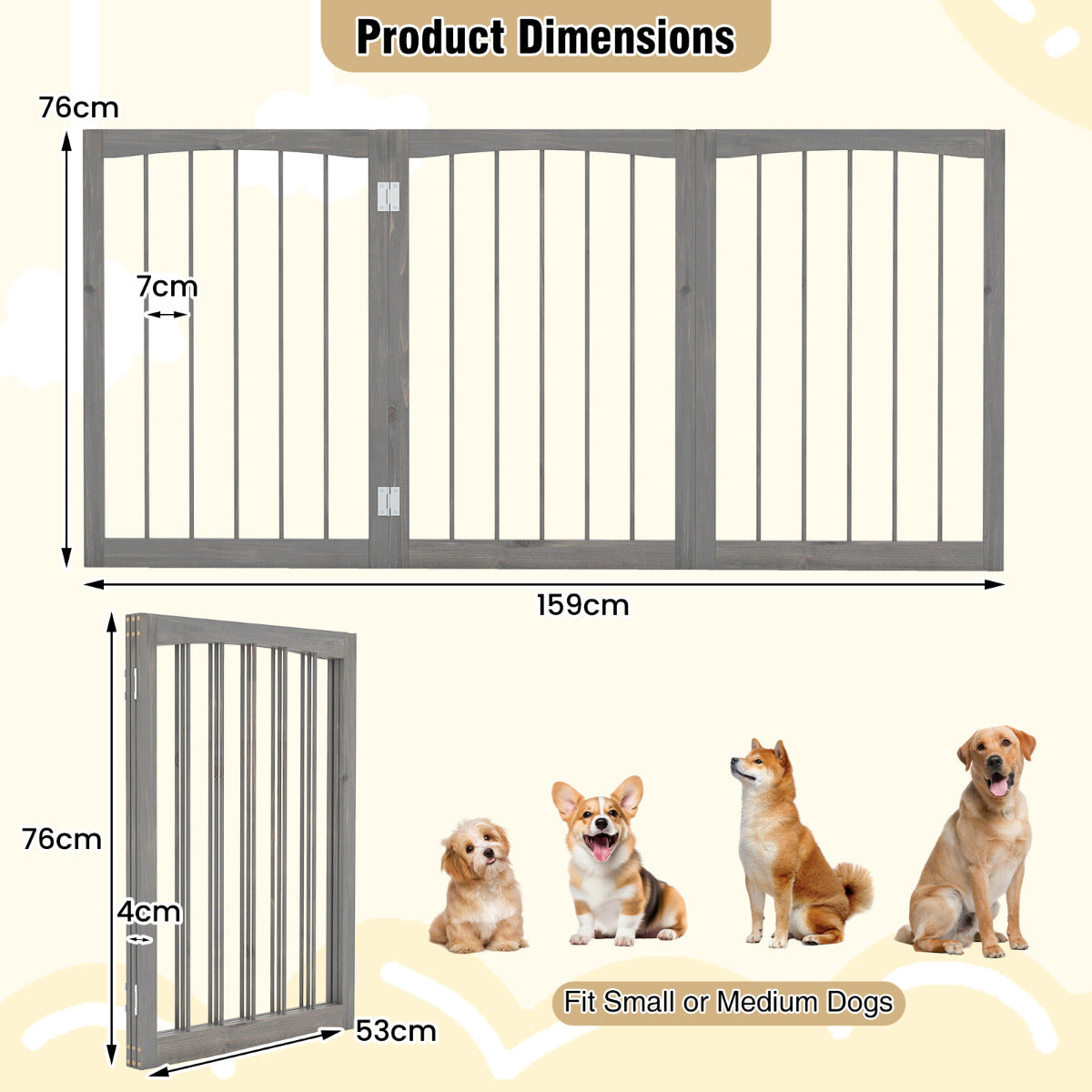 76 CM Tall Pet Gate Wooden Dog Fence 3-Panel Room Divider Barrier-Grey