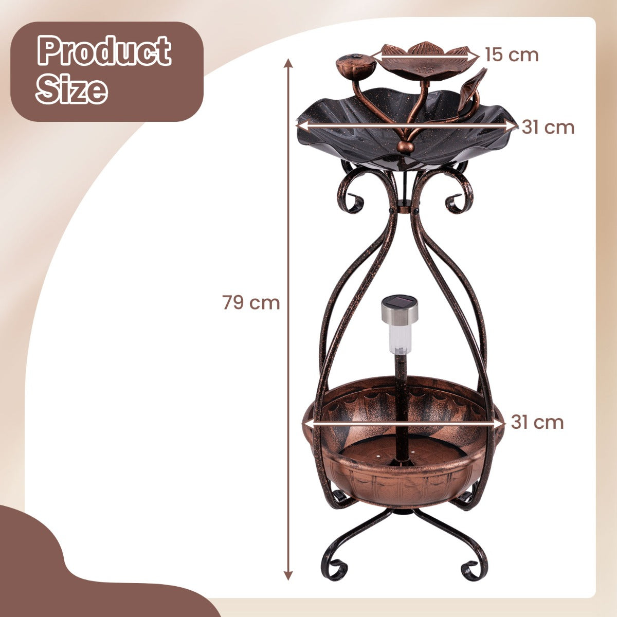 79 cm Solar Outdoor Bird Bath with Flower Planter Base and LED Light-Bronze