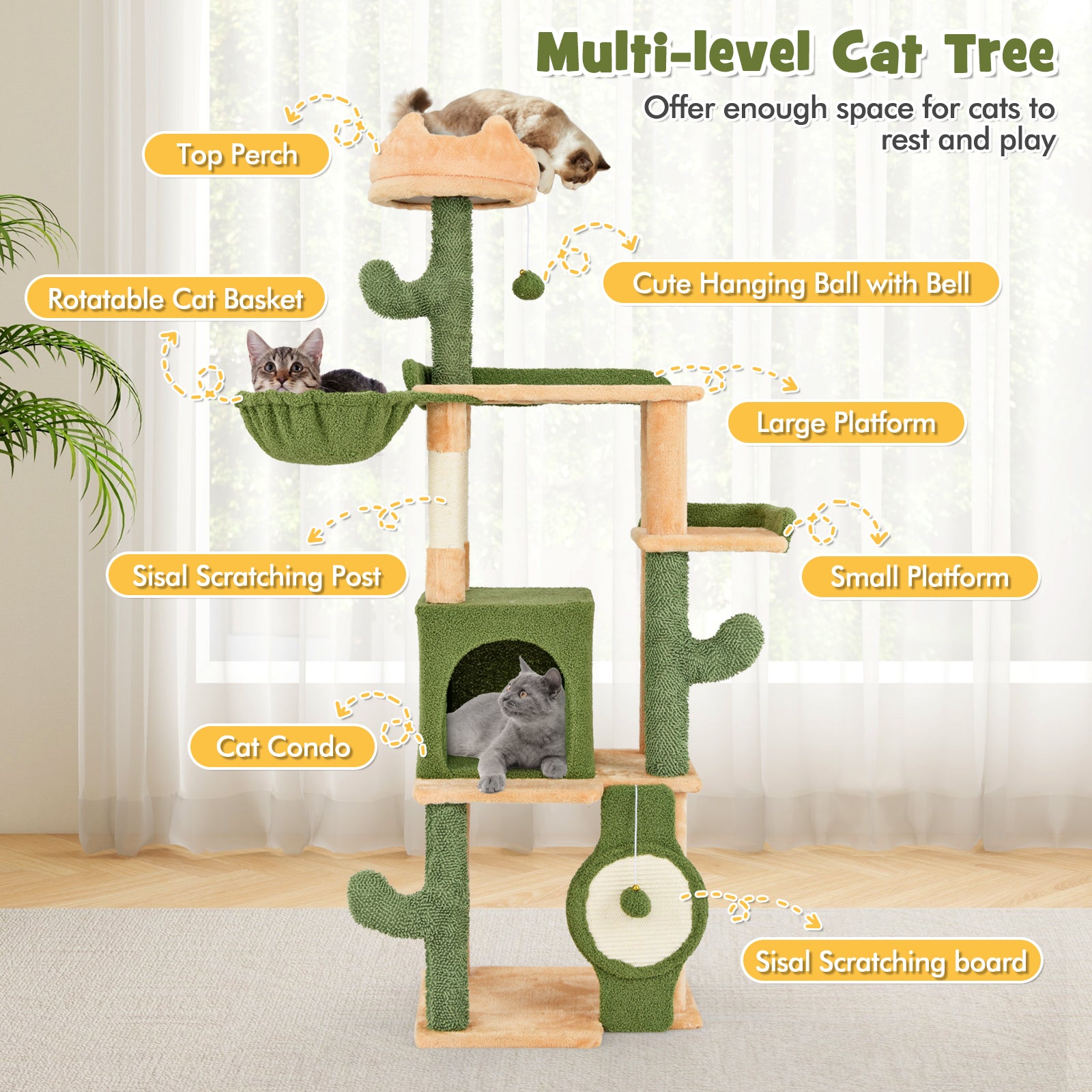 160 CM Cactus Cat Tree with Sisal Scratching Posts for Indoor Cats