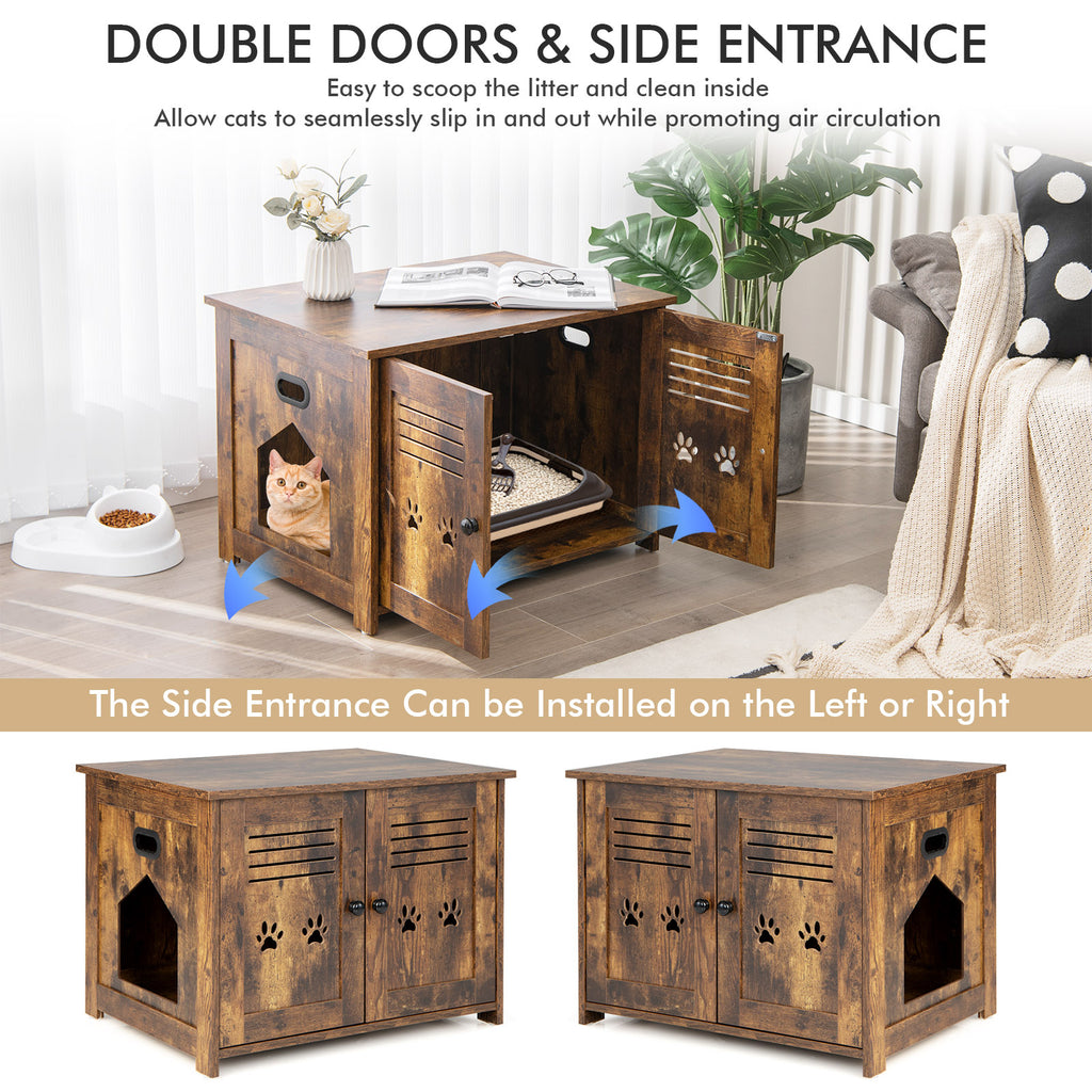 Cat Litter Box Enclosure with Double Louvered Doors, Side Entrance-Rustic Brown