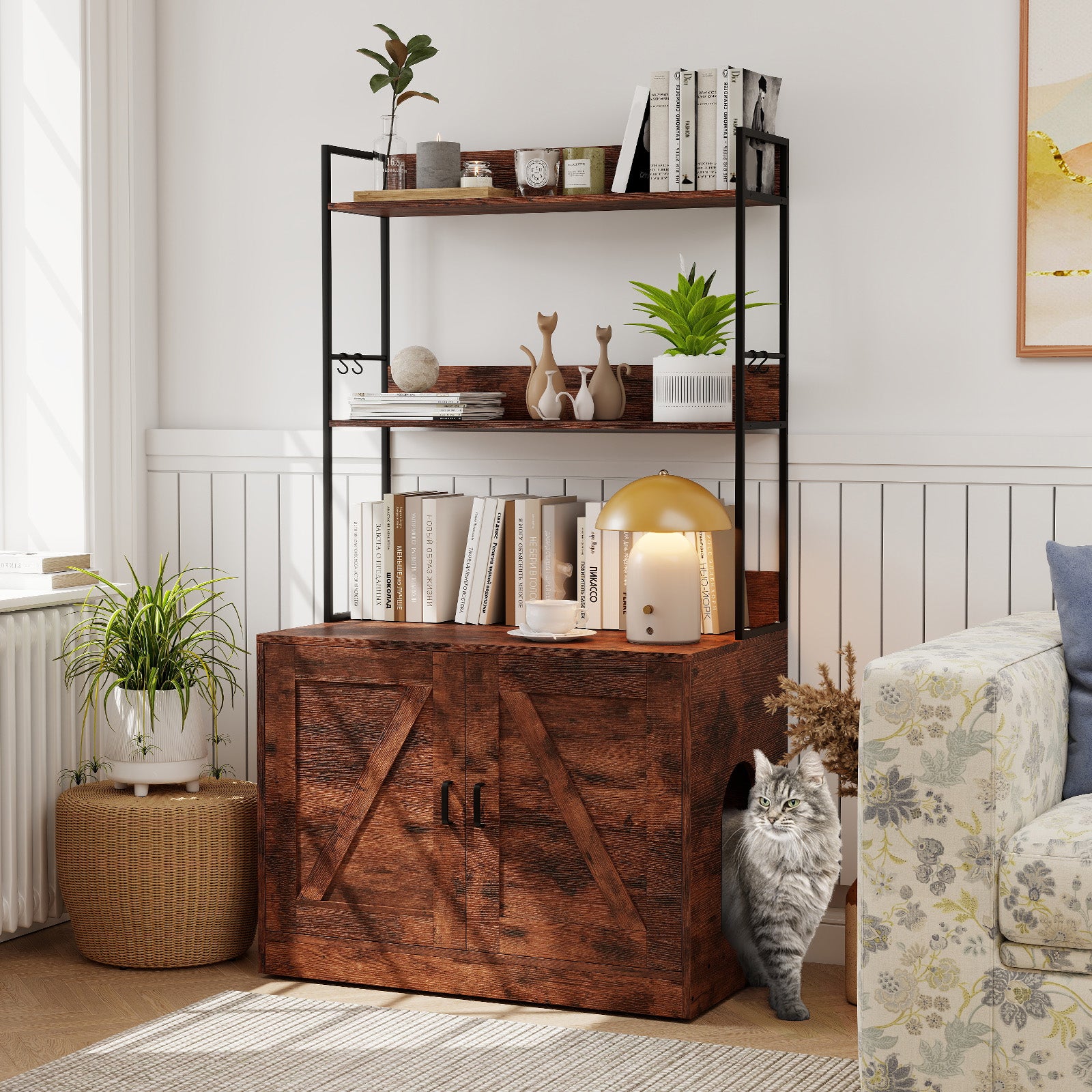 Modern Cat Litter Box Enclosure Cabinet with 3-Tier Shelves Metal Frame-Brown