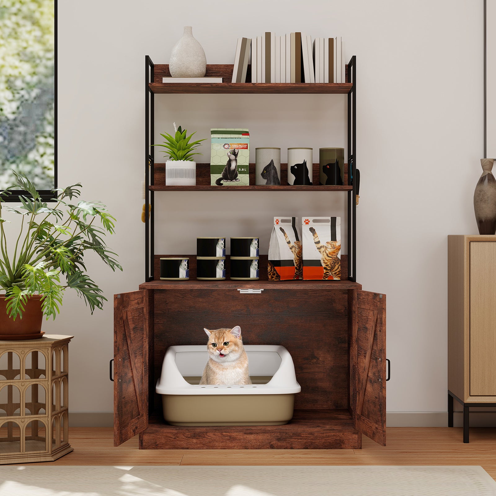 Modern Cat Litter Box Enclosure Cabinet with 3-Tier Shelves Metal Frame-Brown