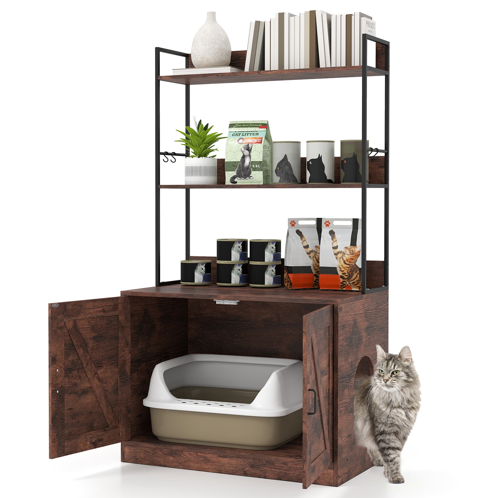 Modern Cat Litter Box Enclosure Cabinet with 3-Tier Shelves Metal Frame-Brown
