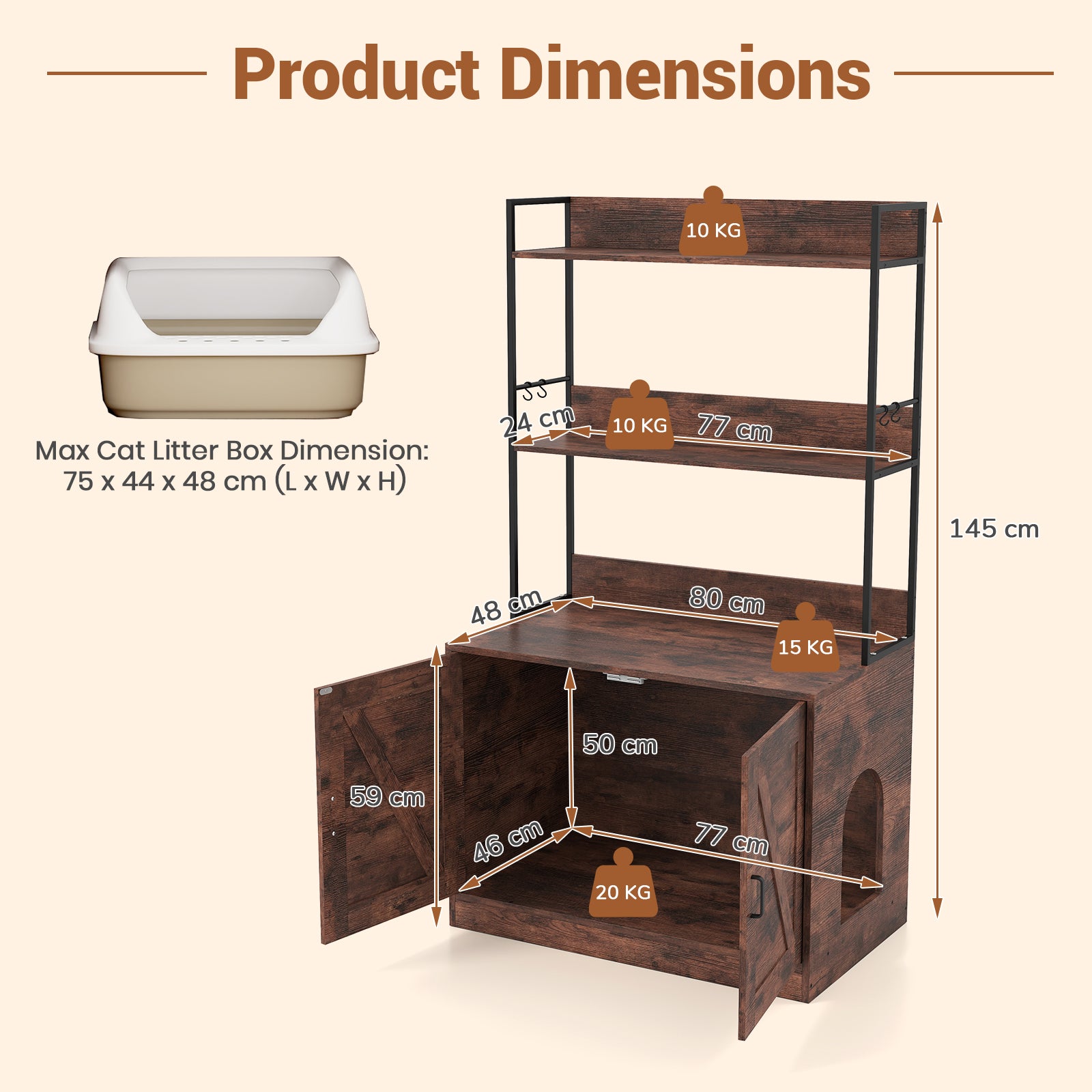 Modern Cat Litter Box Enclosure Cabinet with 3-Tier Shelves Metal Frame-Brown