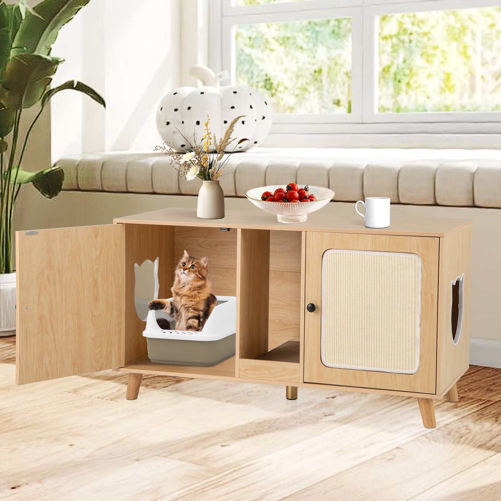 Cat Litter Box Enclosure for 2 Cats Hidden Cat Washroom Furniture-Natural