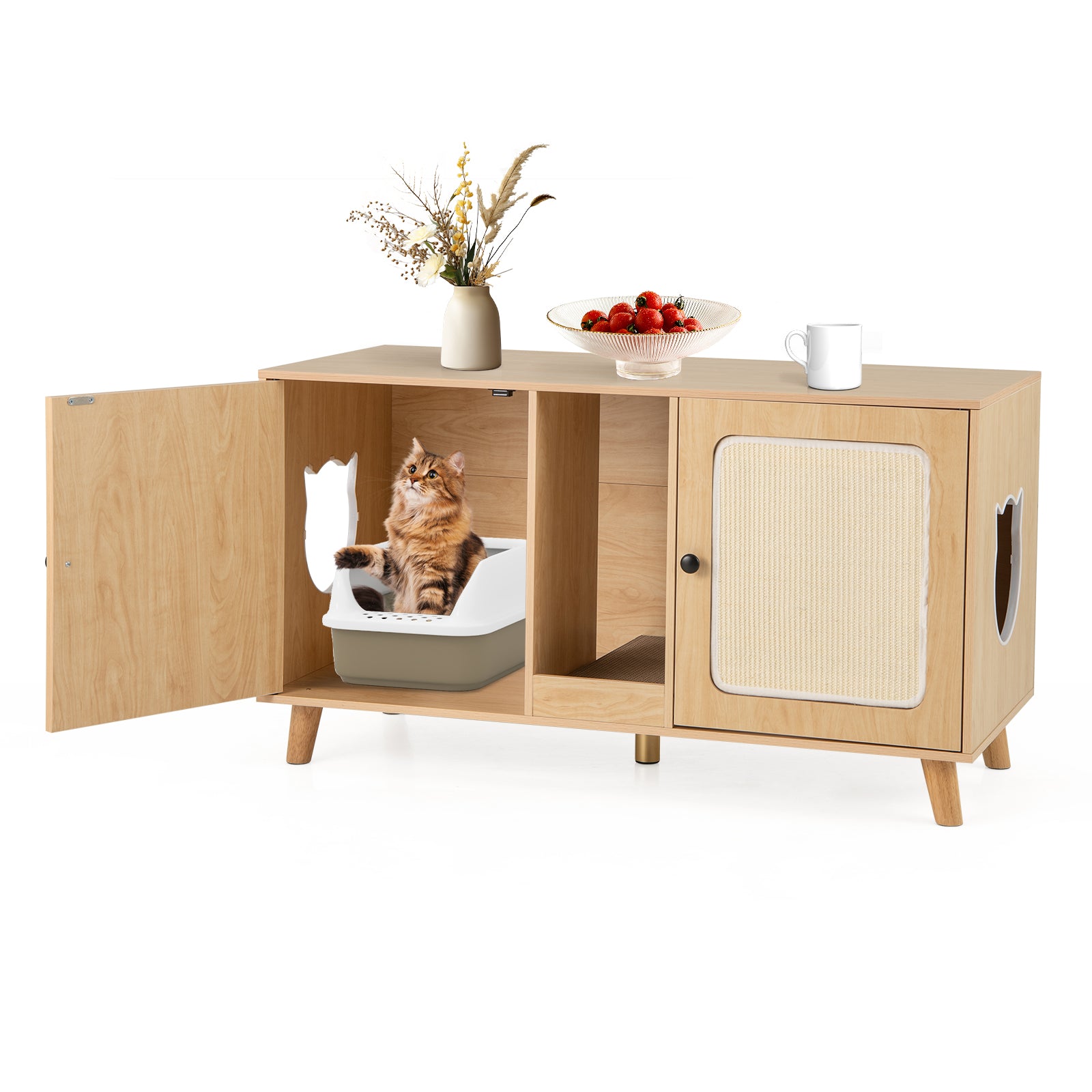 Cat Litter Box Enclosure for 2 Cats Hidden Cat Washroom Furniture-Natural