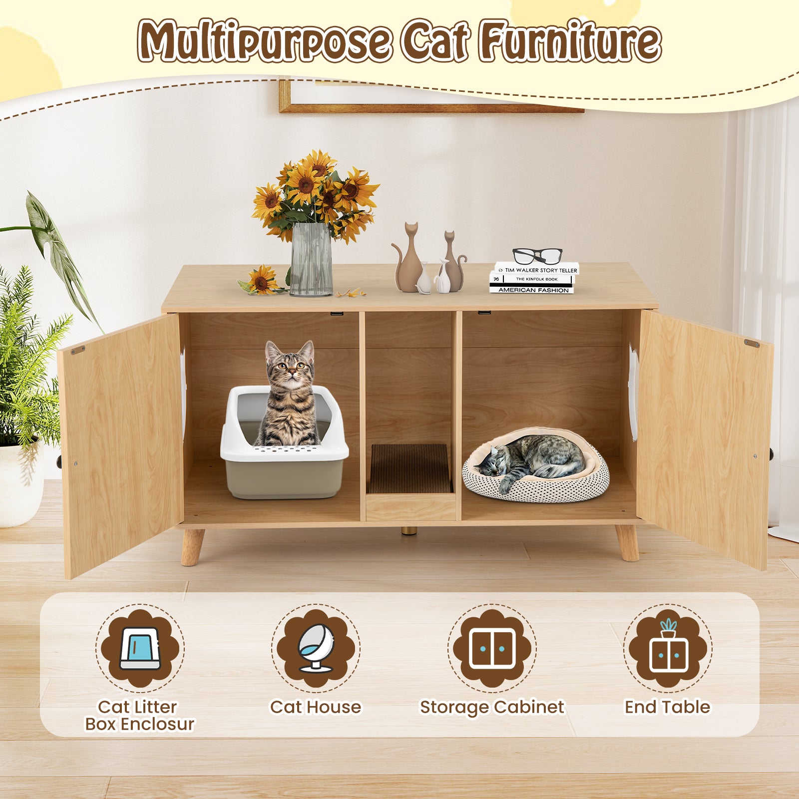 Cat Litter Box Enclosure for 2 Cats Hidden Cat Washroom Furniture-Natural