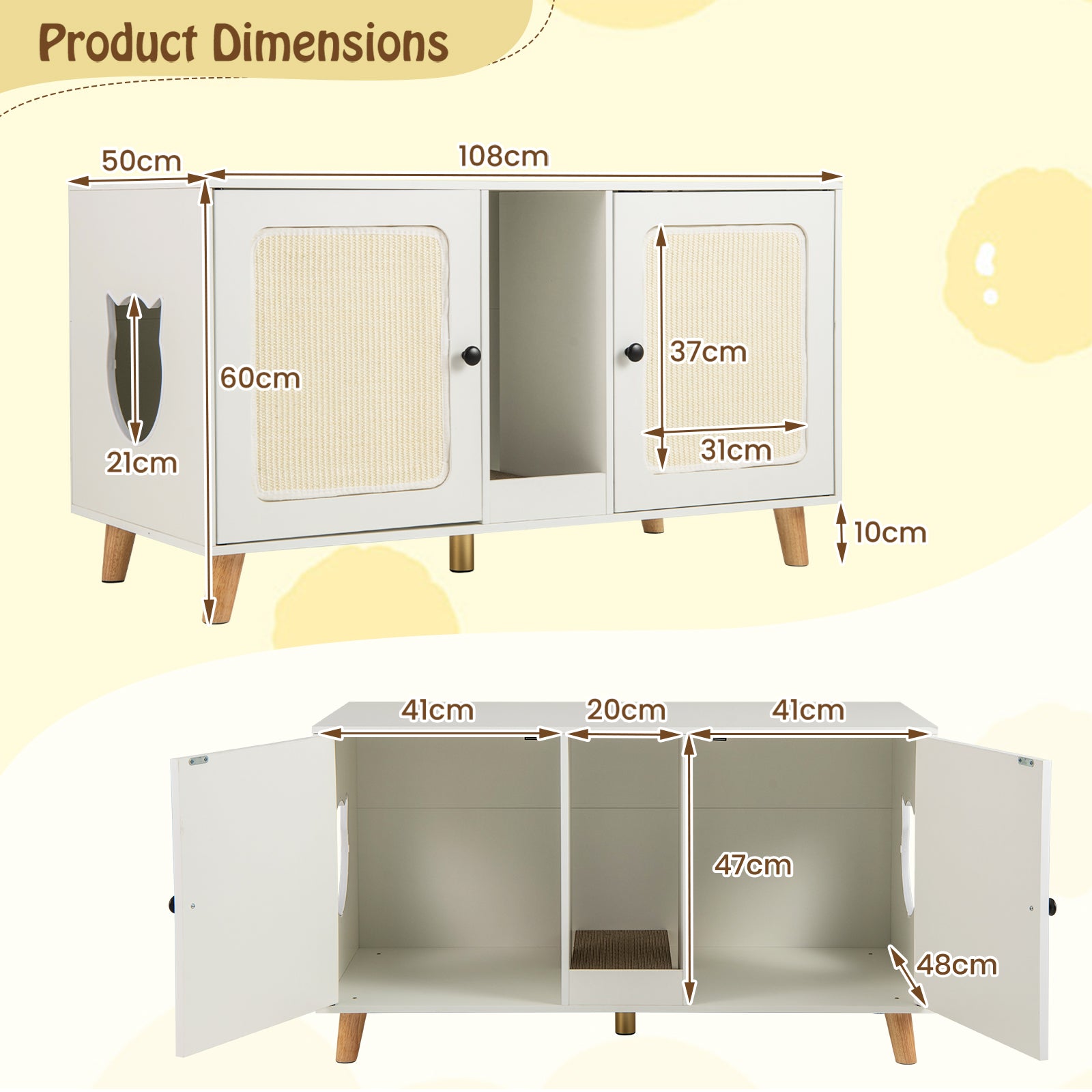 Cat Litter Box Enclosure for 2 Cats Hidden Cat Washroom Furniture-White