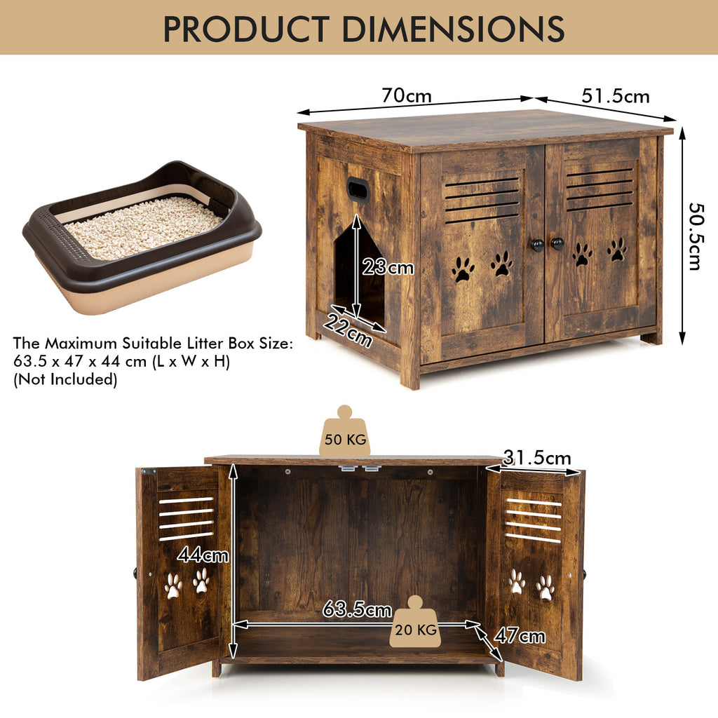 Cat Litter Box Enclosure with Double Louvered Doors, Side Entrance-Rustic Brown