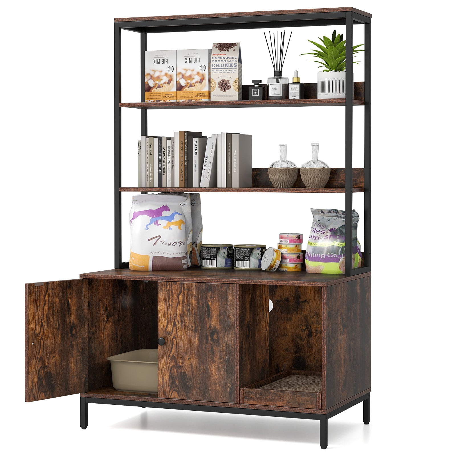 Cat Litter Box Enclosure with Storage Large Hidden Cat Washroom-Rustic Brown