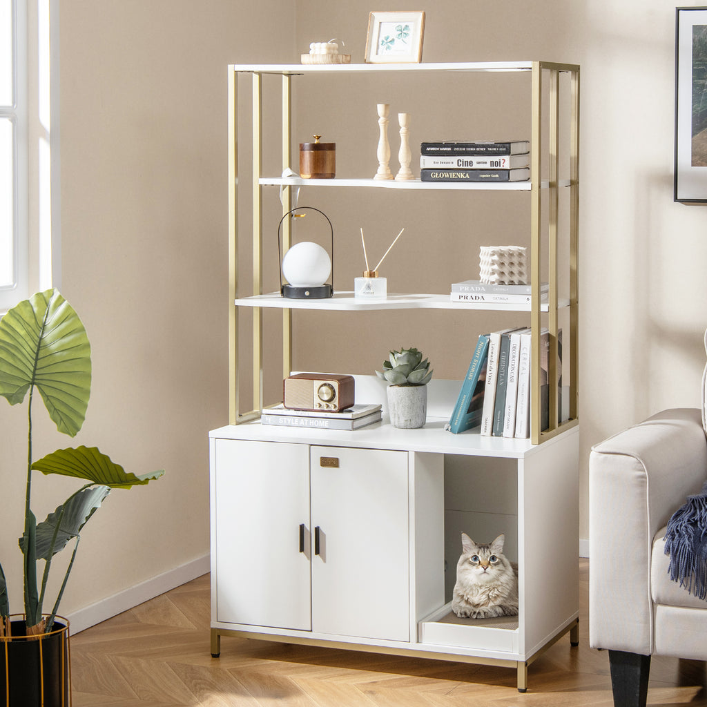 Cat Litter Box Enclosure with Storage and Shelves-White