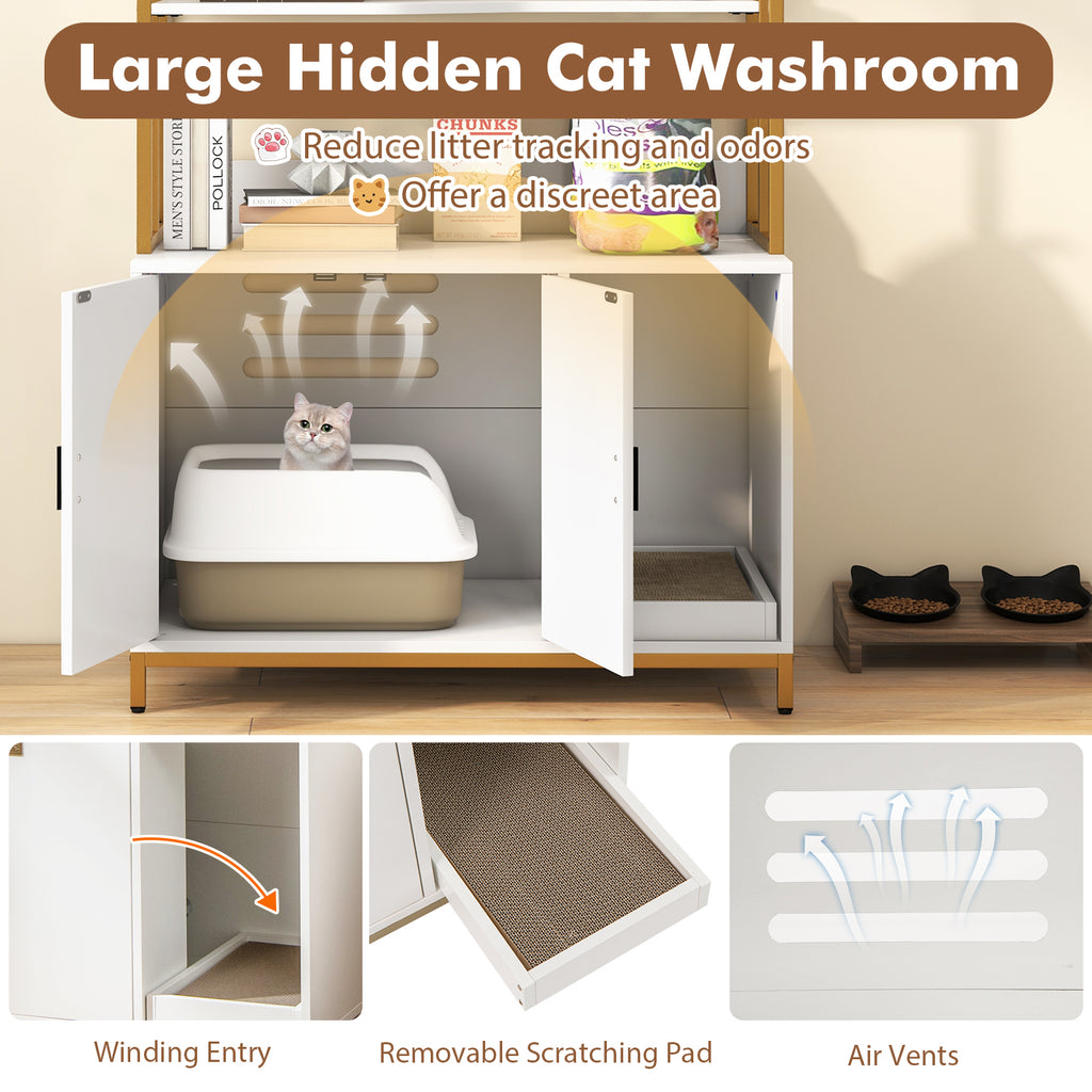 Cat Litter Box Enclosure with Storage and Shelves-White