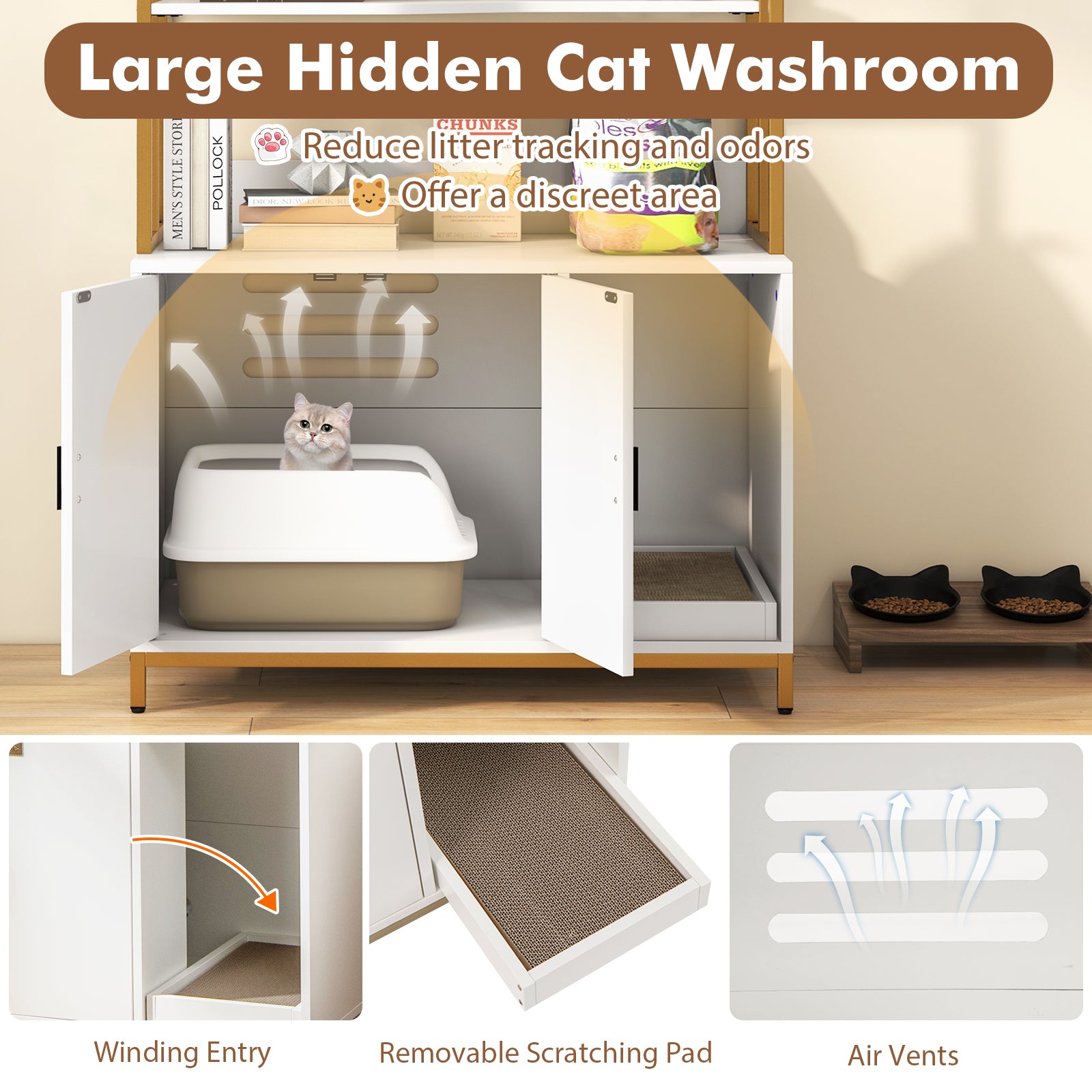 Cat Litter Box Enclosure with Storage and Shelves-White