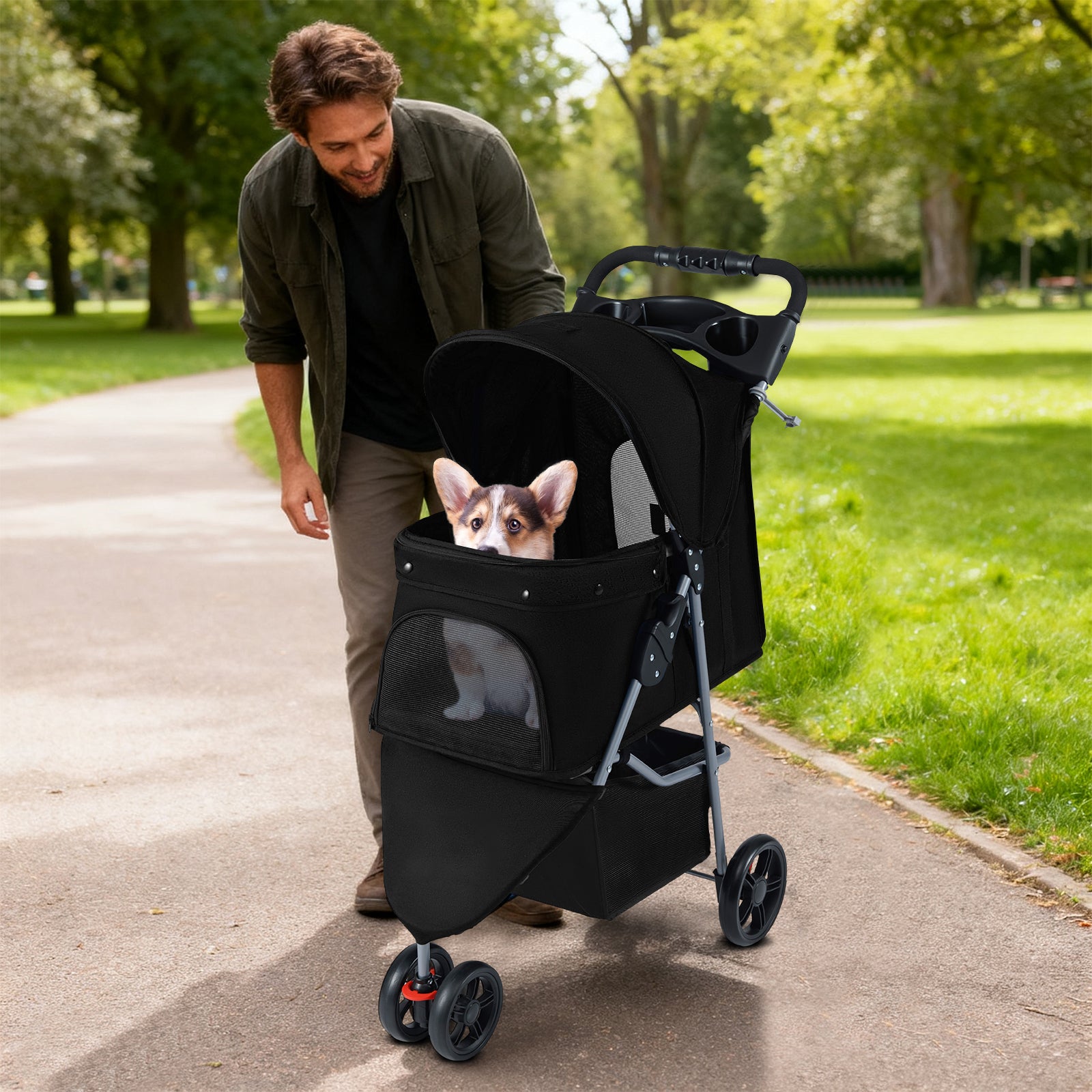Pet Stroller with Adjustable Canopy and 3 Shock-absorbing Wheels-Black