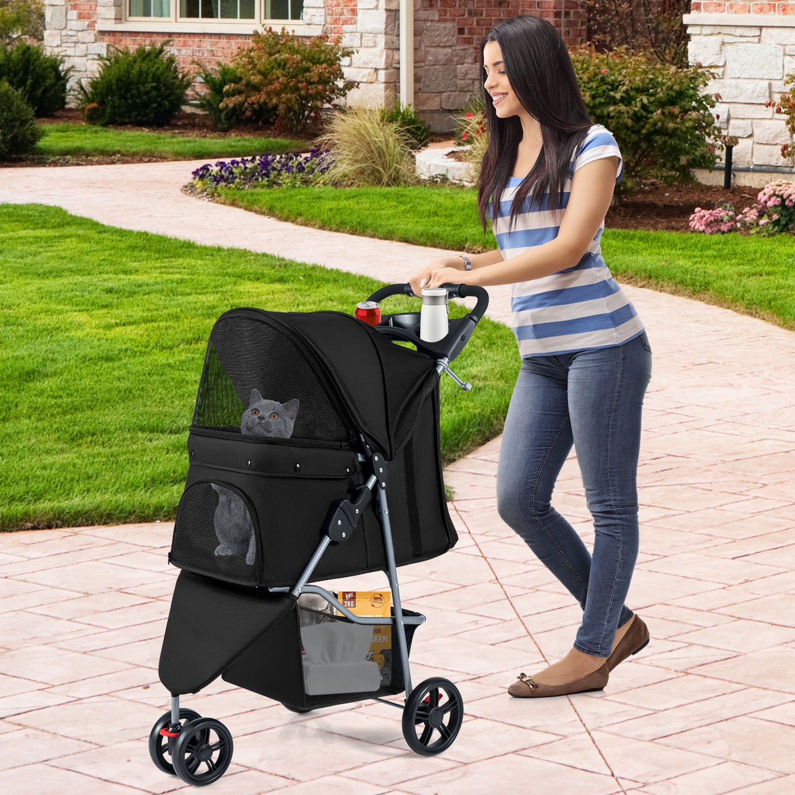 Pet Stroller with Adjustable Canopy and 3 Shock-absorbing Wheels-Black