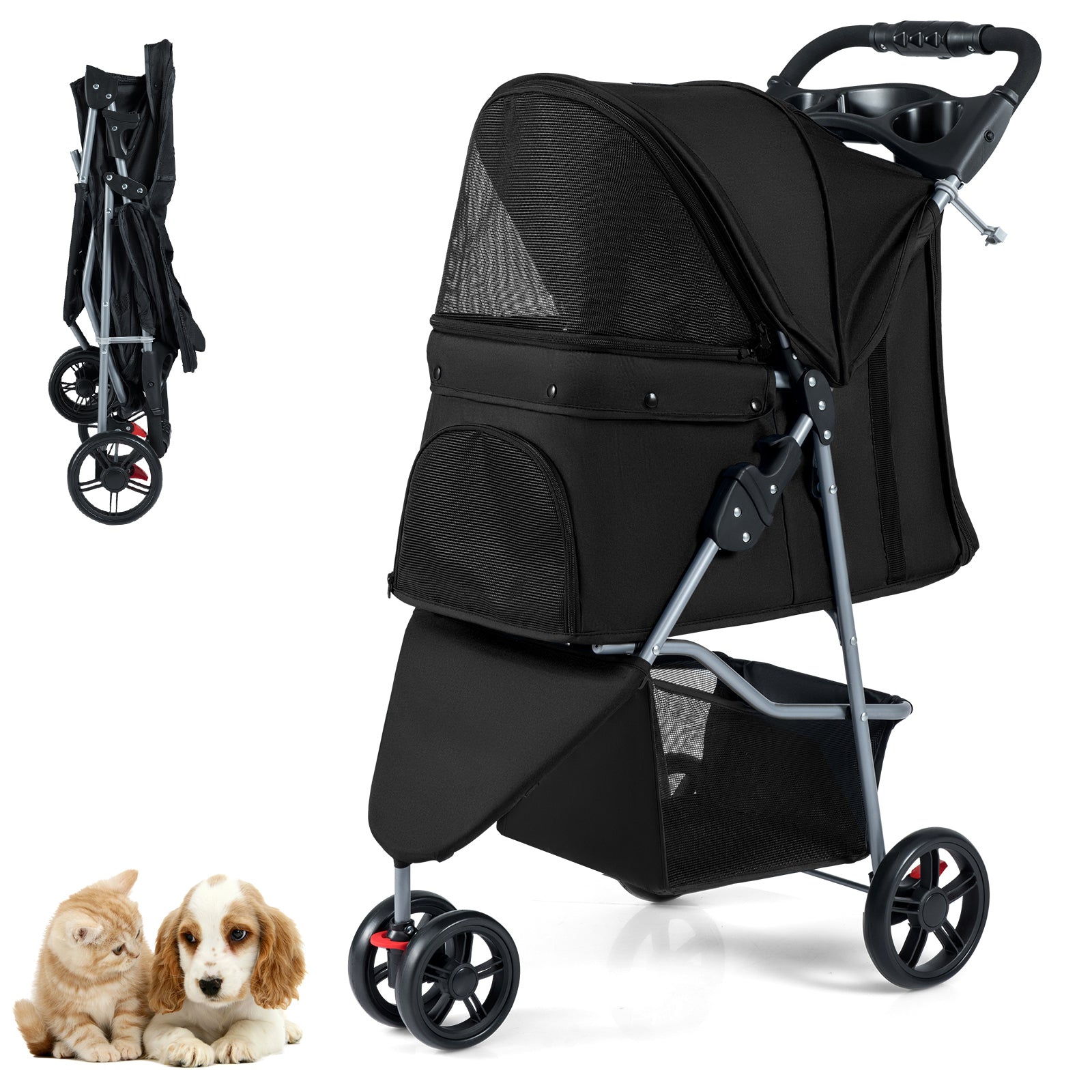 Pet Stroller with Adjustable Canopy and 3 Shock-absorbing Wheels-Black