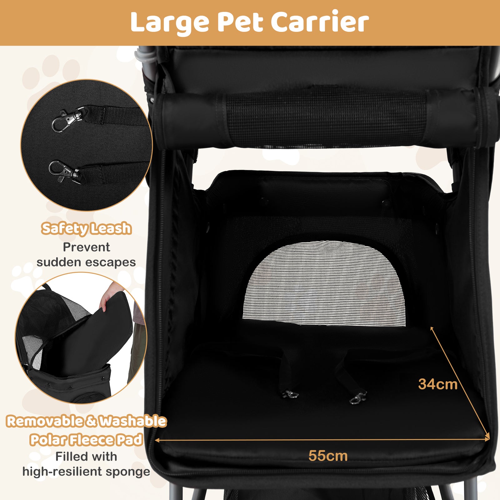 Pet Stroller with Adjustable Canopy and 3 Shock-absorbing Wheels-Black